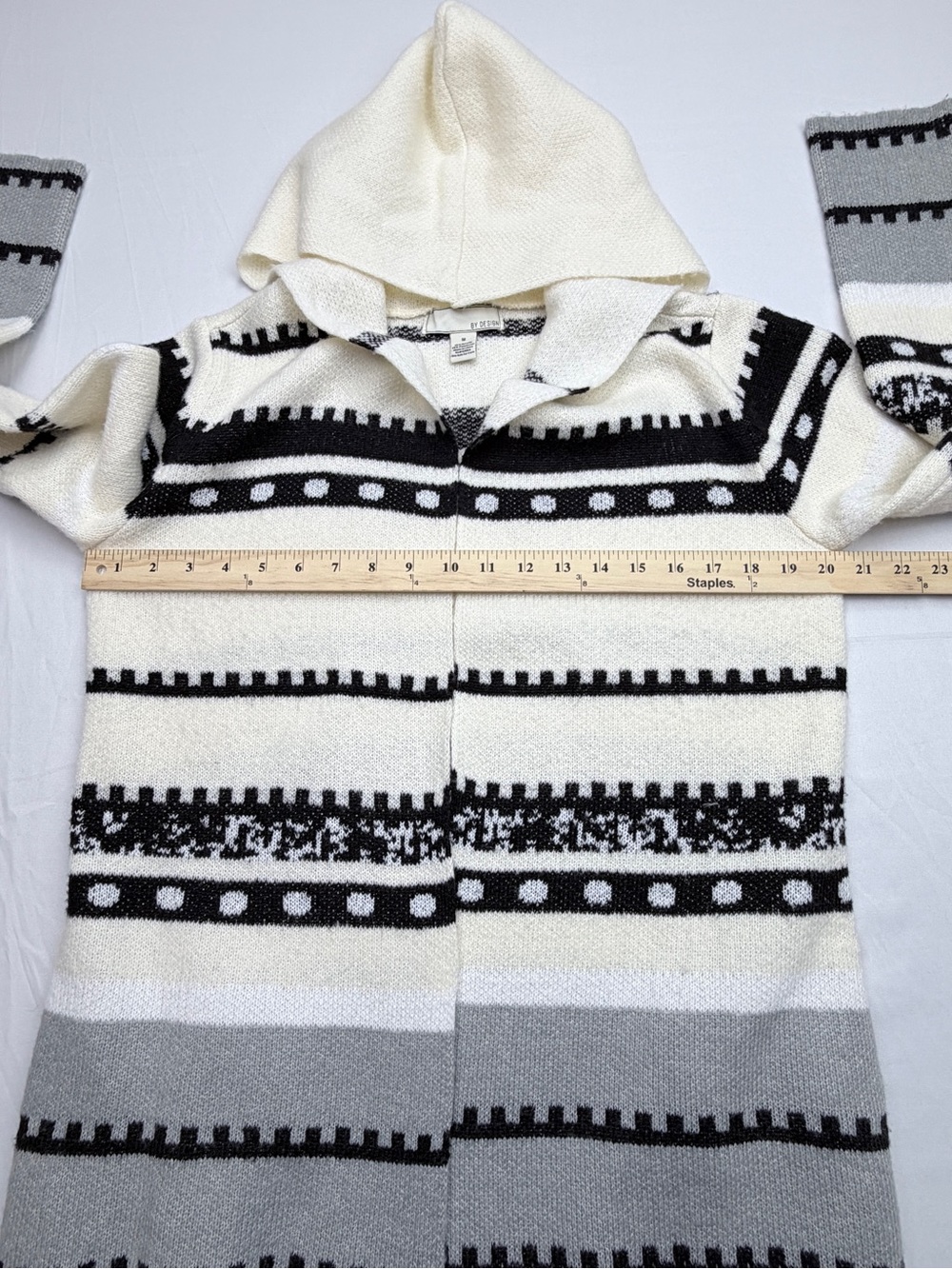 Hooded Open-Front Long Cardigan Sweater - Cream, Gray & Black - Picture 5 of 10